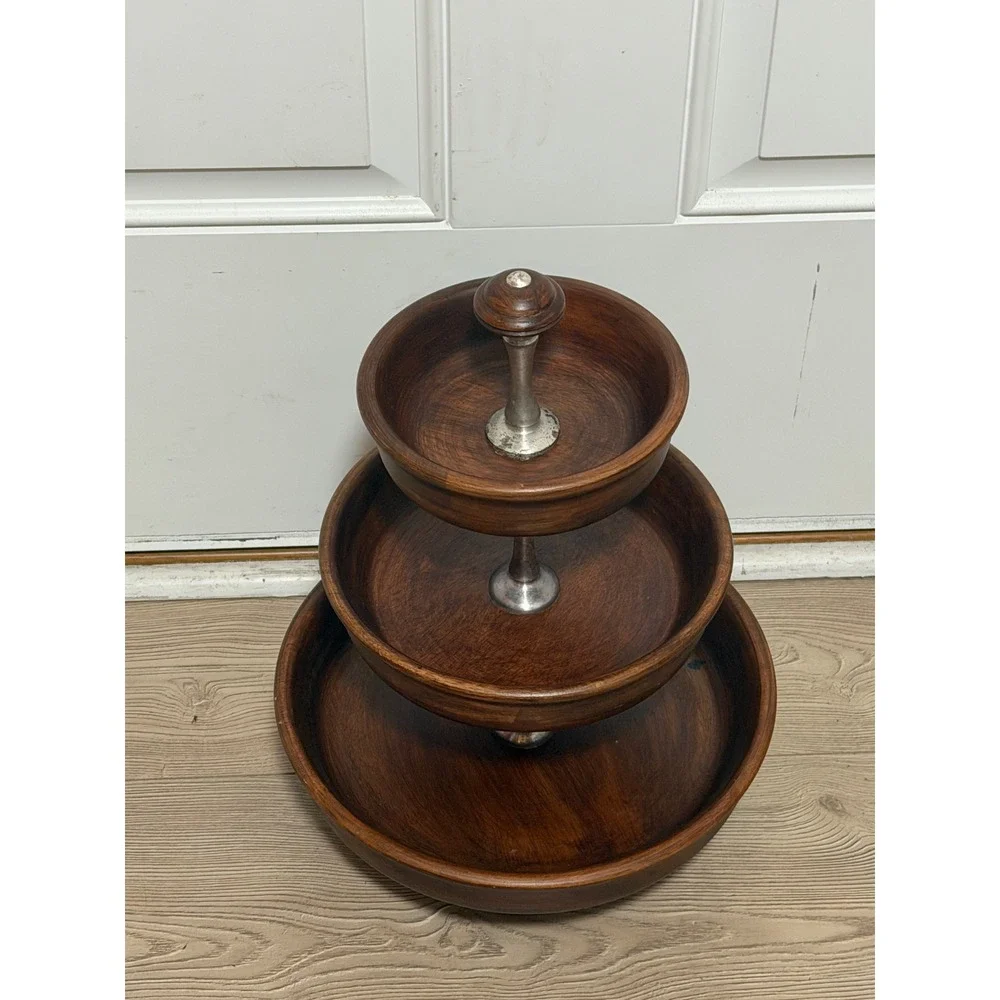 Pottery Barn 3 Tier Wooden Serving Stand Dark Wood Silver Metal Hardware Tray